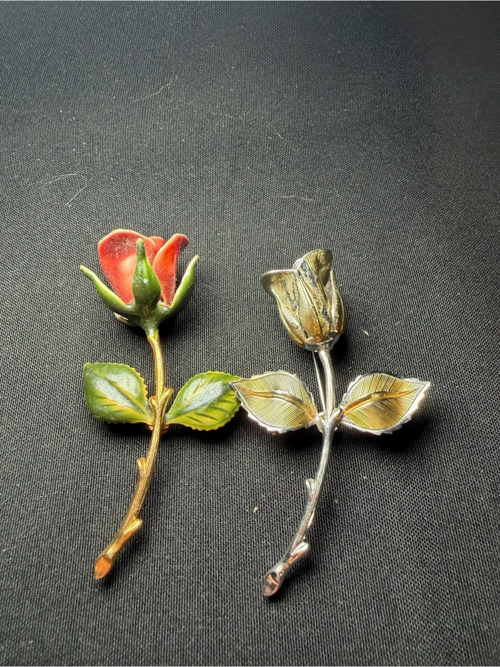 Lot Of 2 Rose Brooches, Enameled And Gold Silver Tone Unsigned